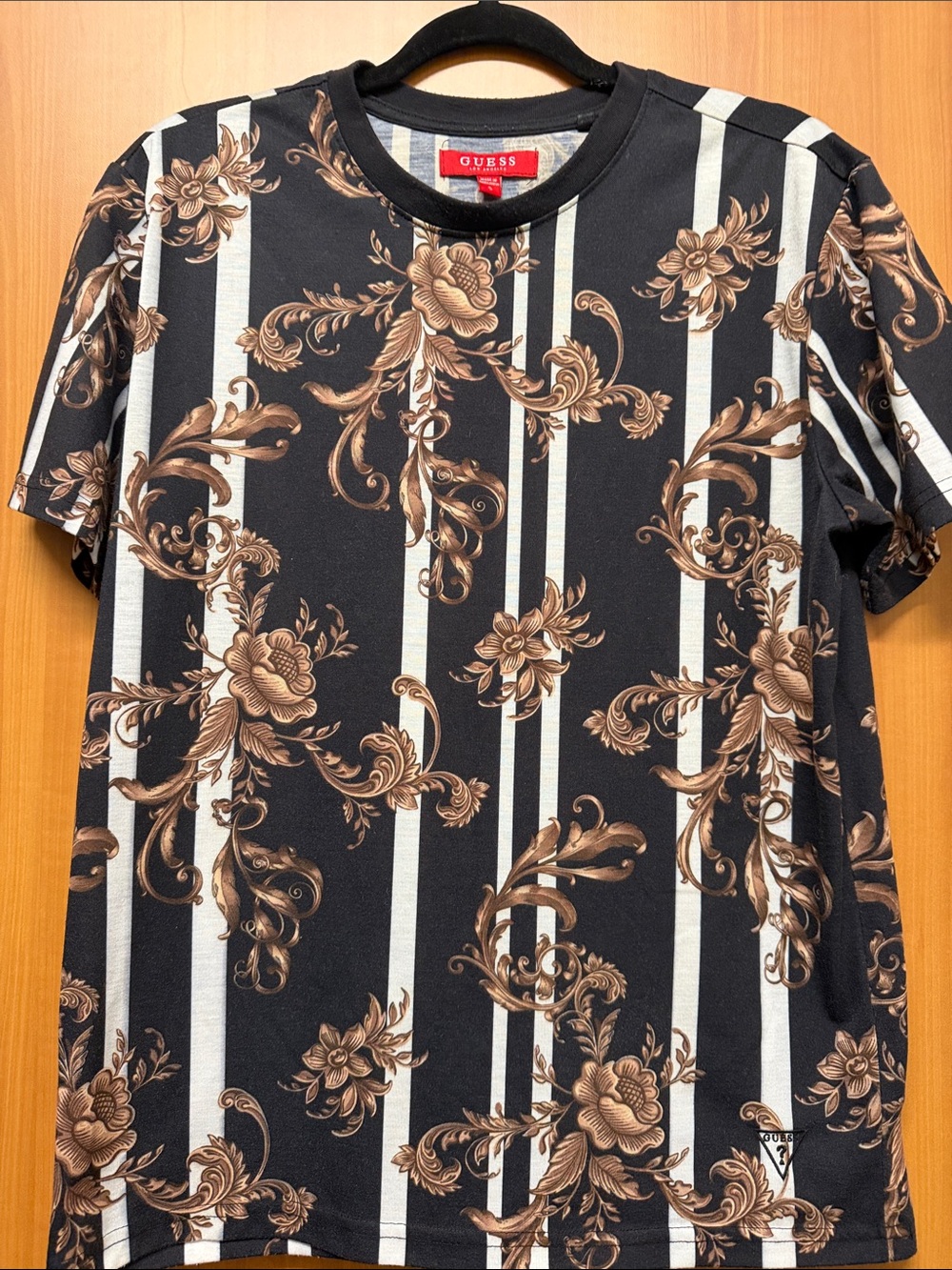 GUESS Black Tee with Brown Floral & White Stripes